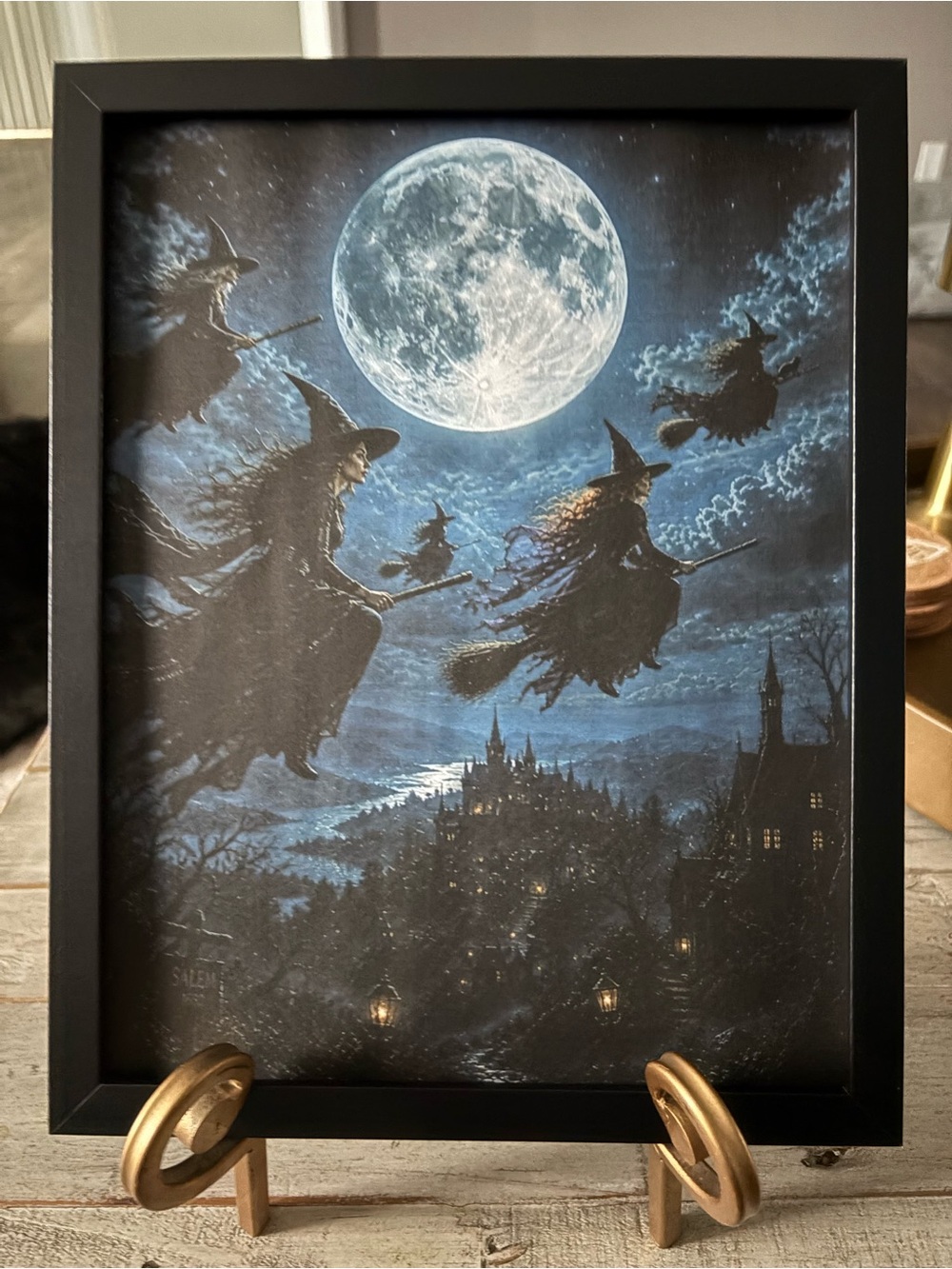Witches in Moonlit Flight Framed 8x10 Wall Art - Blue & Black